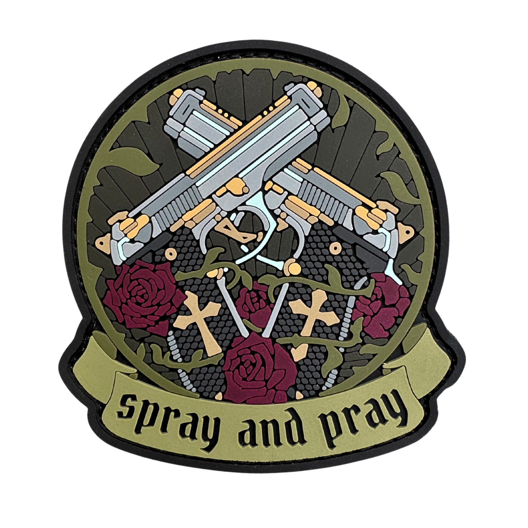 PVC patch "SPRAY AND PRAY" round with text